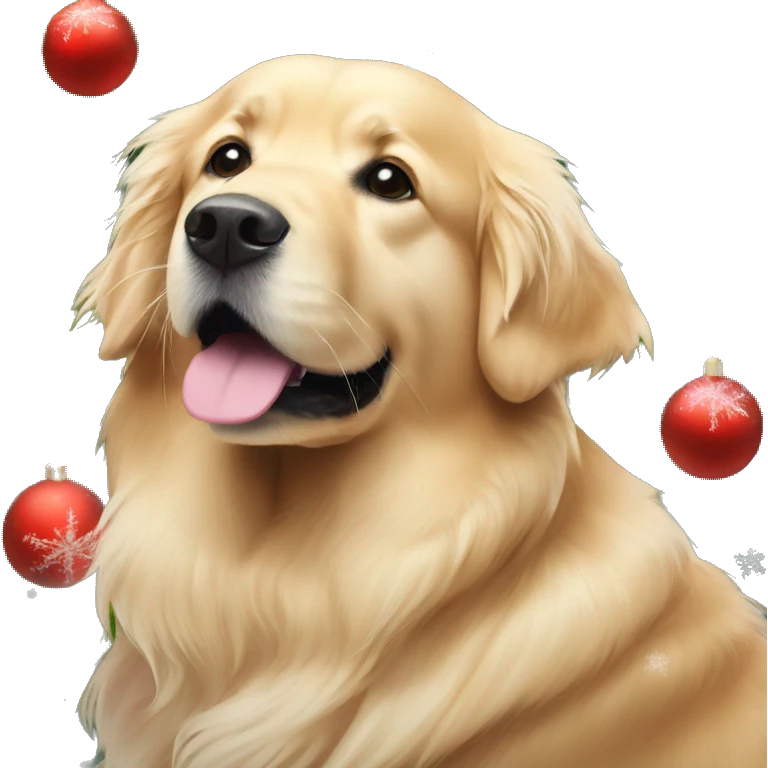golden retriever next to a christmas tree with snowflakes falling emoji