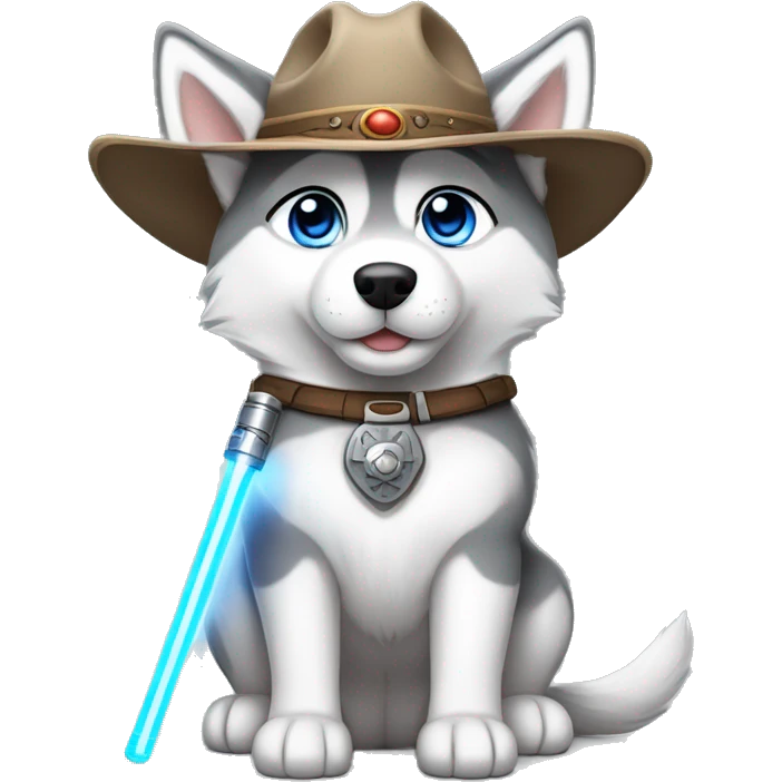Gray Siberian Husky with blue eyes puppy wearing a cowboy hat dressed in Jedi clothing holding a lightsaber  emoji