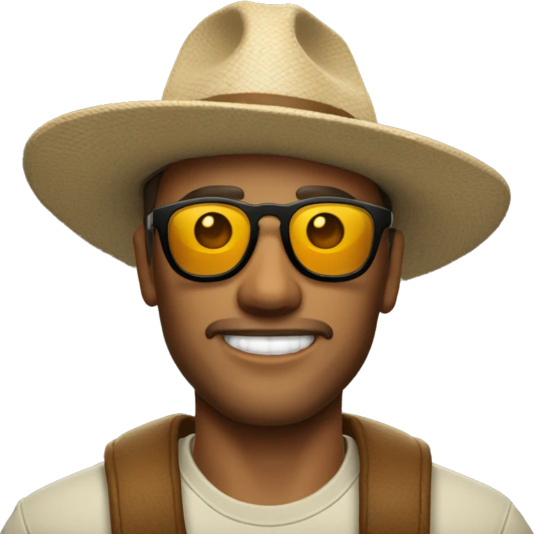Hombre con un sombrero y una gafas de sol con un pulóver que diga Randy emoji