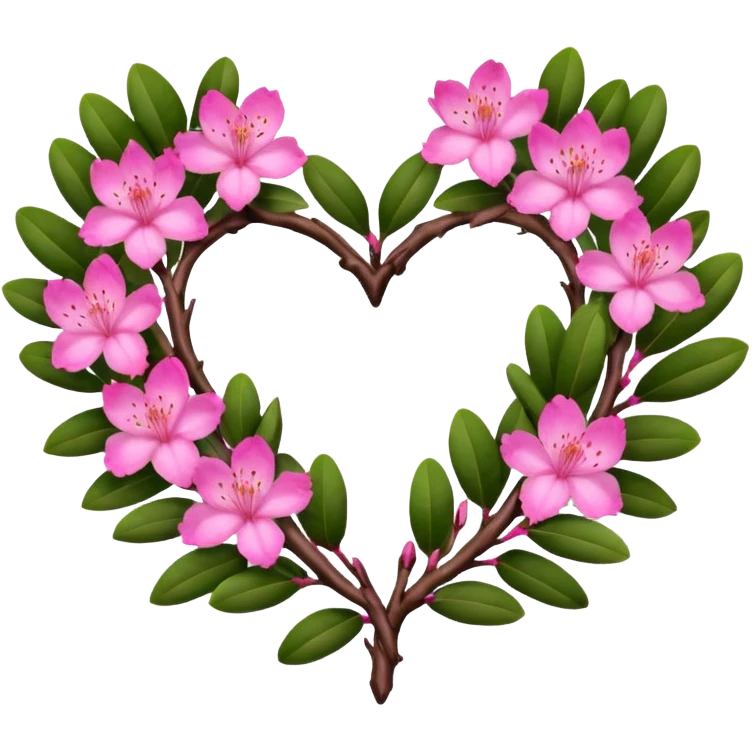 Natural branches with a few rhododendron flowers in a heart shape emoji