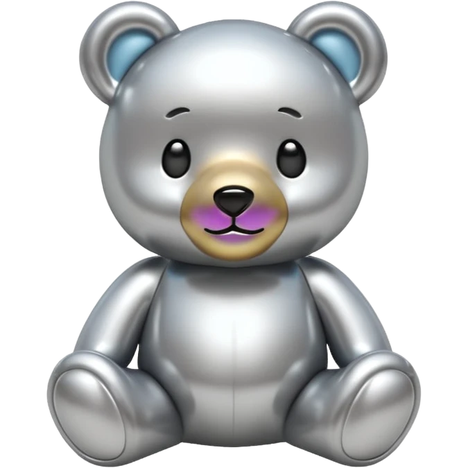 A cute teddy bear emoji made of liquid silver chrome, smooth rounded body, glossy metallic surface, soft reflections, friendly proportions, iOS emoji style, centered, clean white background emoji