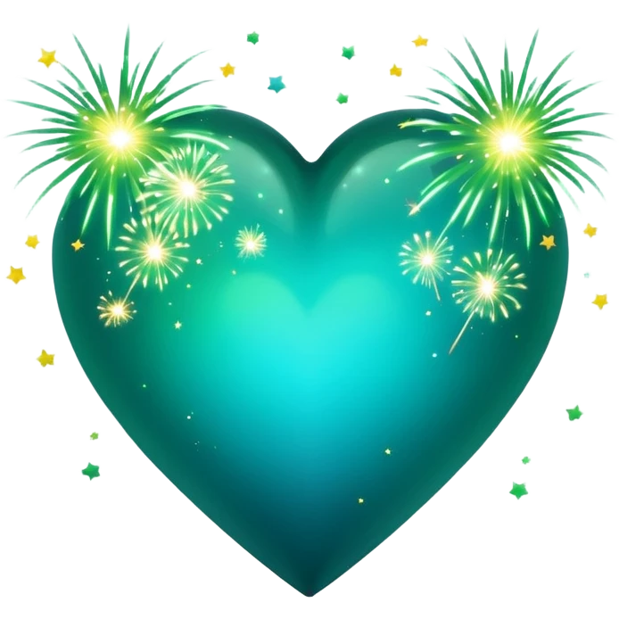 emoji: teal and neon green gradient heart with sparklers and firework confetti from behind. emoji