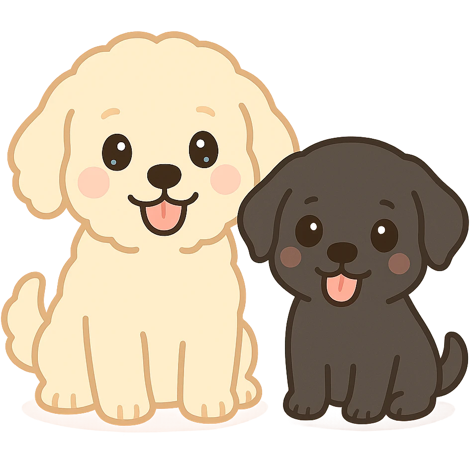 large light cream colored goldendoodle and small black golden retriever, chibi style, sitting side by side with their tongues out emoji