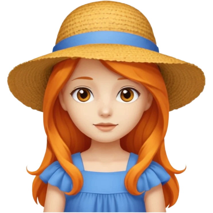 girl_wearing_summer_hat, orrange long hair, blue dress emoji