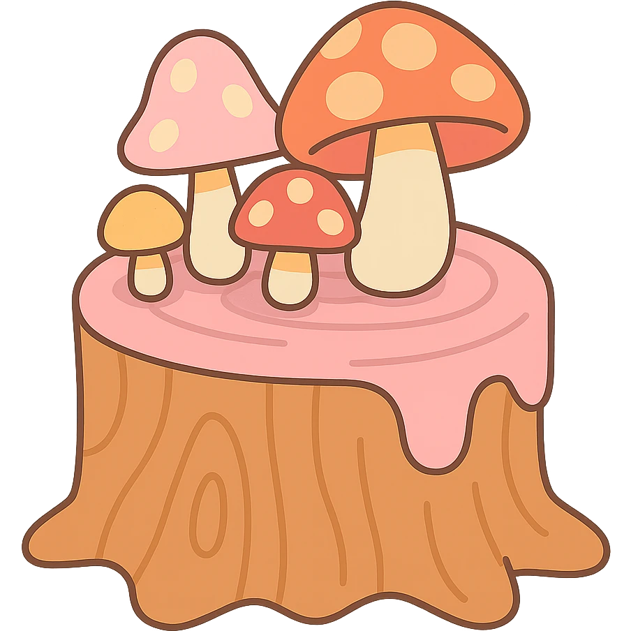 a tree stump cake topped with mushrooms, forest dessert concept, pastel colors, pastel-toon style emoji