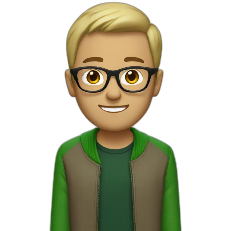 guy with black glasses dirtyblonde short hair with green letterman jacket and brown sleeves emoji