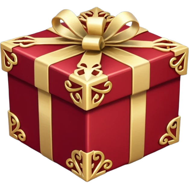 Create a highly polished, 3D game UI–style gift box with a luxurious red and gold theme. gift box ,The square box features deep crimson-red panels with ornate gold metallic trim and filigree details along the edges.  emoji
