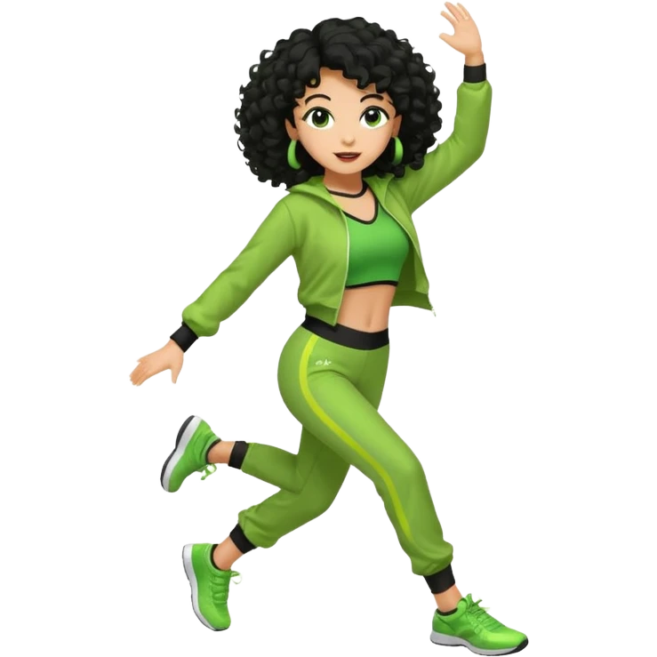 a woman with olive skin tone and curly black hair wearing green and dancing. full body, disco pose. running outfit emoji