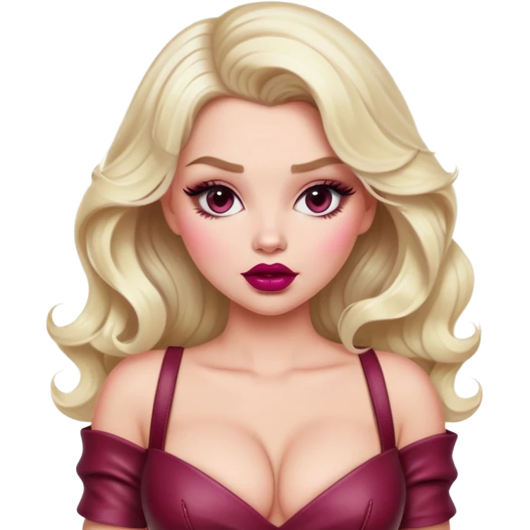 gorgeous woman with platinum wavy blonde hair with big puffy pouting burgundy lips, makeup, wearing a pink leather dress with cleavage, swaying her hips emoji