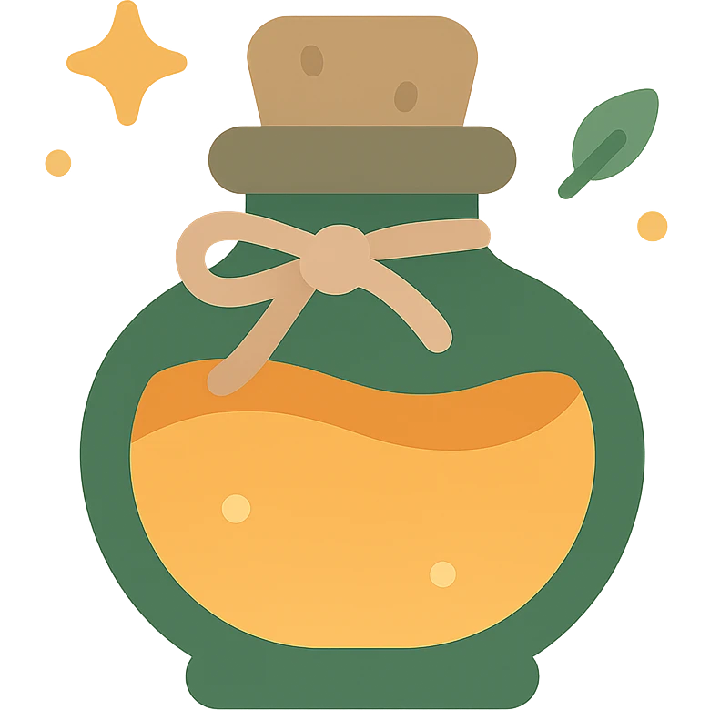 "A cute potion bottle with a whimsical and cozy design, featuring soft and warm colors: golden orange (FA9B41), deep forest green (4A7C5C), muted taupe brown (96775A), and pastel peach (FFCC9A). The bottle is small, round, and slightly vintage in style, with a cork stopper and a delicate ribbon tied around its neck. The potion inside glows faintly with a peachy-orange hue. Surroundings include soft lighting and a magical atmosphere, possibly with sparkles or tiny floating leaves, emphasizing a warm and enchanting mood. The style is charming, storybook-like, and detailed emoji