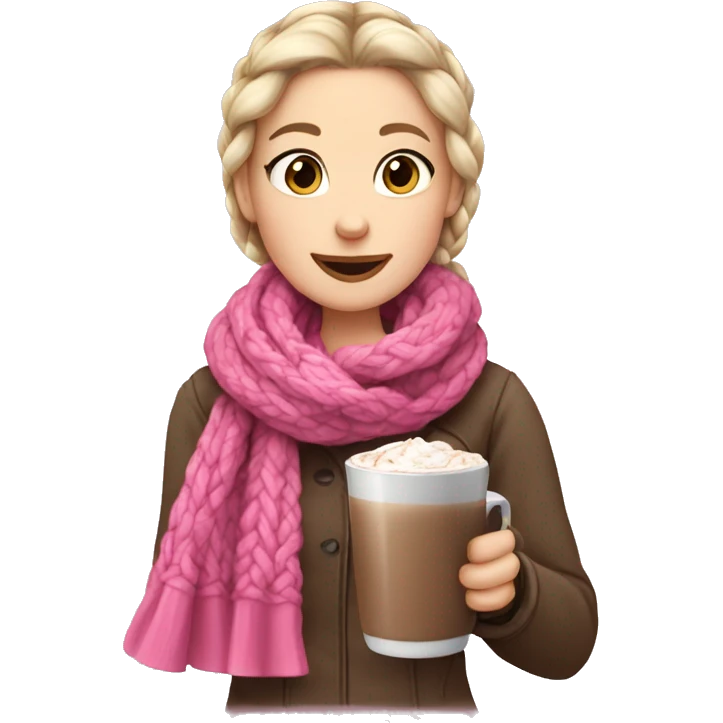 White Scandinavian girl with a French braid and a pink scarf holdin a hot chocolate  emoji