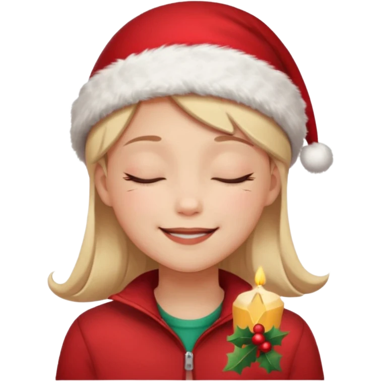 Girl Smiling with closed eyes in a red Christmas hat emoji