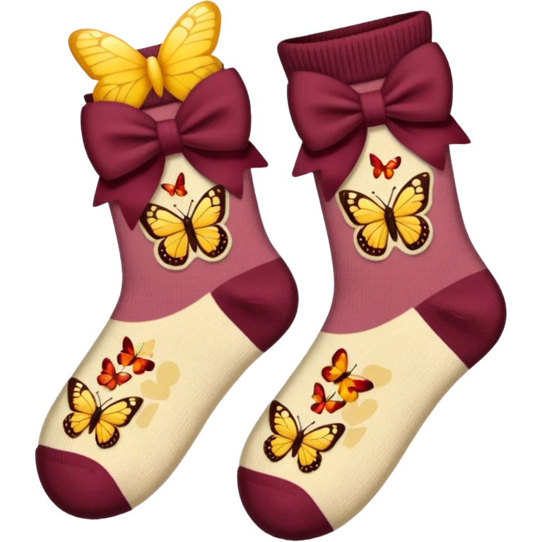 beige socks with a burgundy bow in a butterfly shape, emoji style emoji