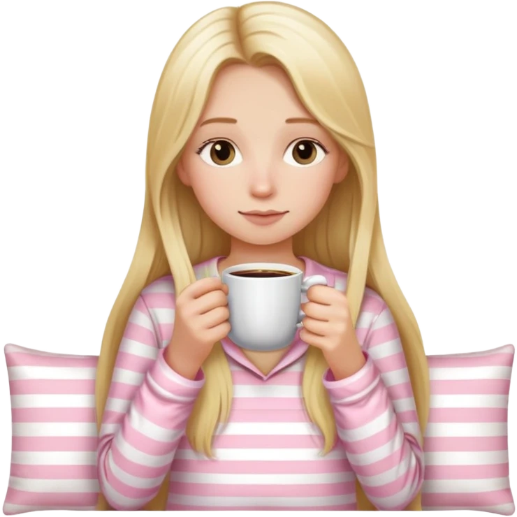 girl with long blonde hair sipping coffee wearing light pink striped pajamas  emoji