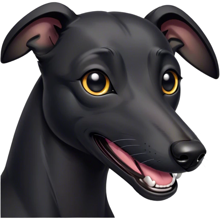Cinematic Comical Black Greyhound Portrait Emoji, Head tilted dramatically with an exaggeratedly amused expression, featuring a glossy jet-black Fur and wide, expressive dark eyes filled with playful disbelief, Simplified yet hilariously expressive features, highly detailed, glowing with a slightly sassy glow, high shine, dramatic yet playful, stylized with an air of cheeky mischief, bright and endearing, soft glowing outline, capturing the essence of a spirited and over-the-top racer, so meme-worthy it feels like it could side-eye its way into internet fame instantly! emoji