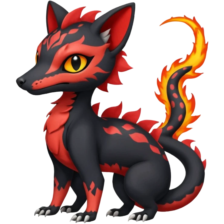 Rare realistic cute gothic Salandit-Litten-Quilava-Genet-species-Fakemon-hybrid-creature, with fiery markings, full body emoji
