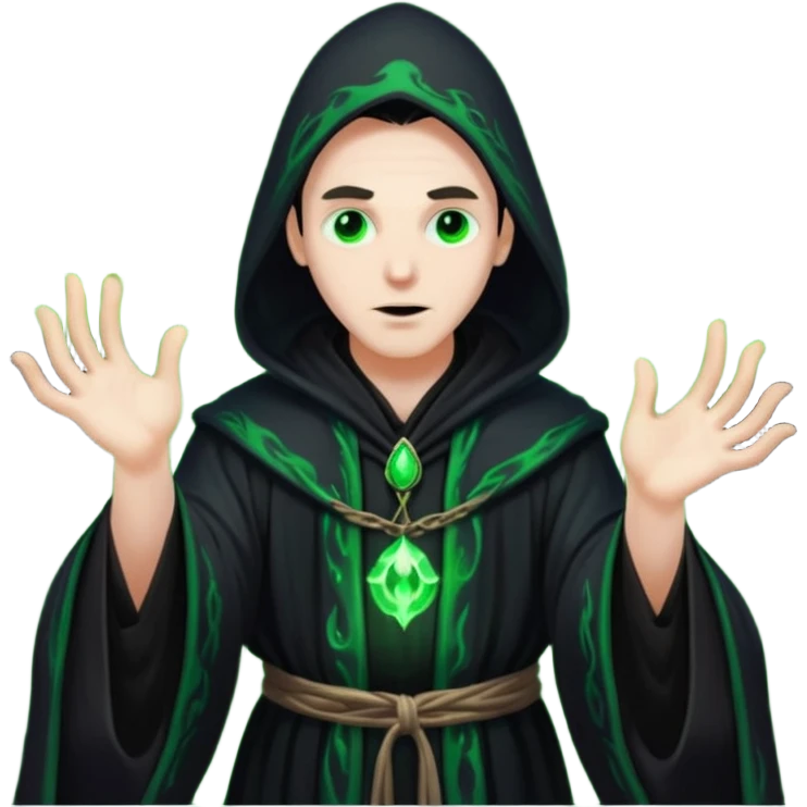 A dark sorcerer in flowing black robes, conjuring eerie green flames emoji