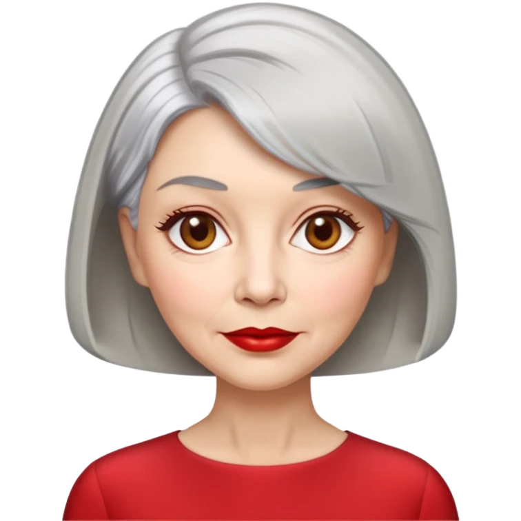 Elegant senior woman with silver-gray bob haircut, light skin, almond-shaped hazel eyes, red lipstick, wearing a red blouse, sophisticated expression emoji