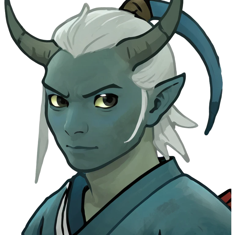Samurai boy blue skin and blue horns and white hair emoji