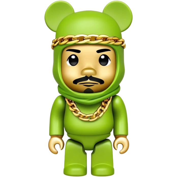 bearbrick toy with cubic head wearing a lime green balaclava covered in multiple brand logos graffiti style, with thick gold chains around neck, gold jewelry, aggressive eyebrows emoji