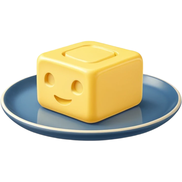 A 3D cartoon yellow butter block on a dish with soft light, Memoji-style realism. emoji