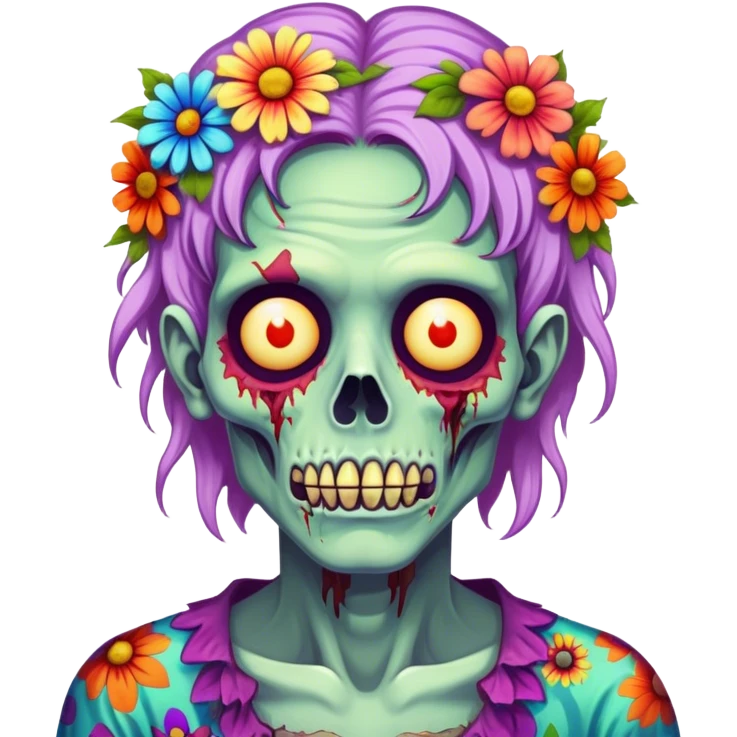 Cinematic ultra detailed 32k HD Psychedelic colored hippie style zombie with flowers emoji