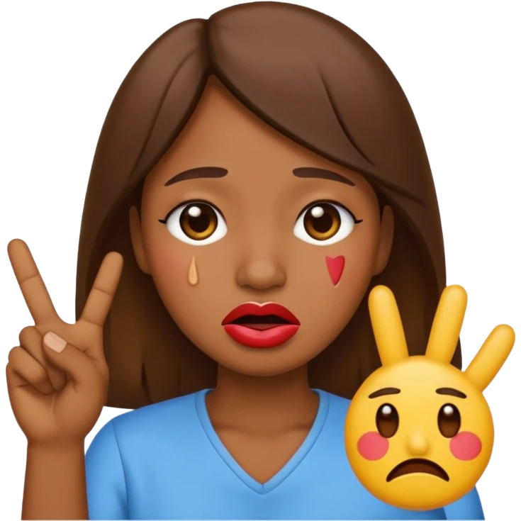 Emoji face crying while doing a kissy face holding up the peace sign emoji