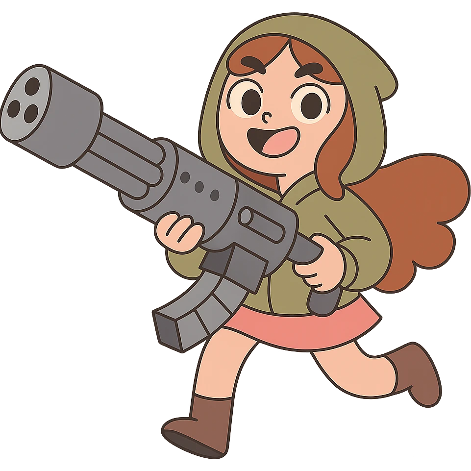 cheerful stalker girl with a massive machine gun, cute and exaggerated emoji