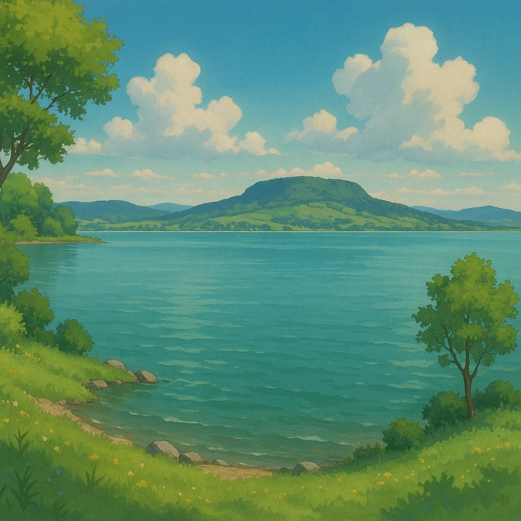 serene landscape of Lake Balaton in ghibli style emoji