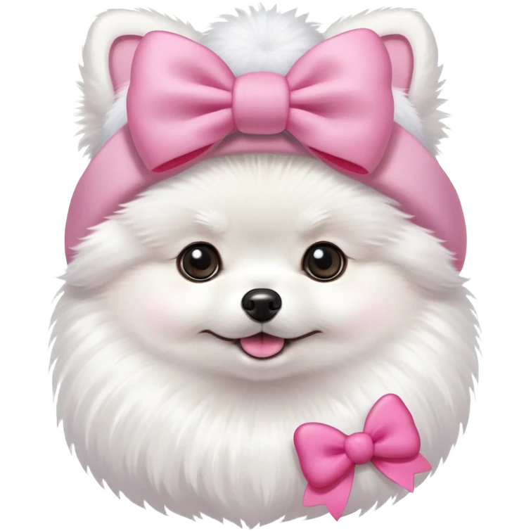 White Pomeranian with a pink bow and a hellokitty hat emoji