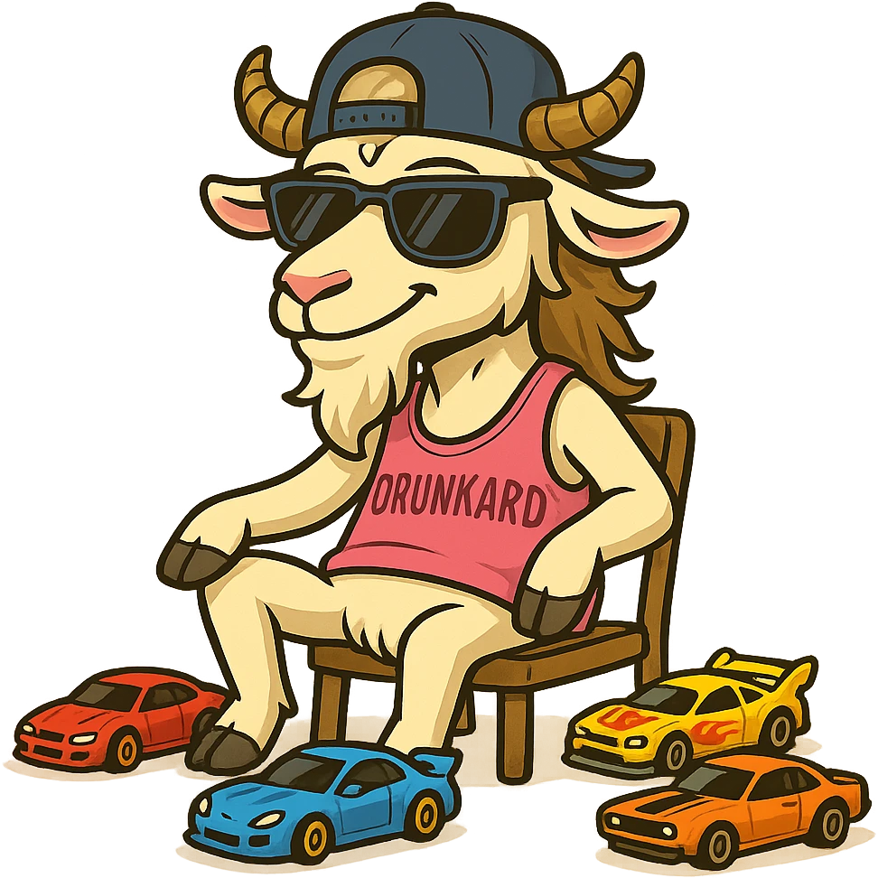 goat for Telegram stickers inspired by reference https://attic.sh/feoducyurkpqwz0la088soao98sx: wearing a cap, glasses, mullet hairstyle, pink drunkard tank top, sitting on a chair, with hot wheels cars emoji