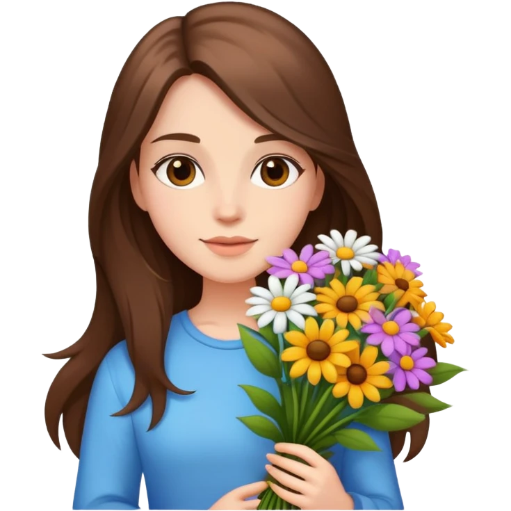Cool girl with long brown hair and fair skin holding a bouquet of flowers emoji
