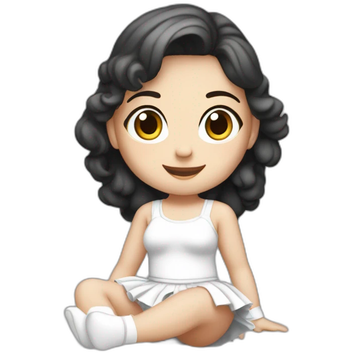 Front view curvy caucasian beauty sitting straight hands up black skirt white knickers white socks emoji