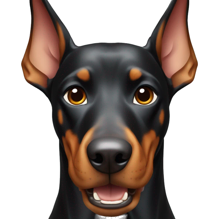 Doberman with pointed ears with a dog bowl in its mouth emoji