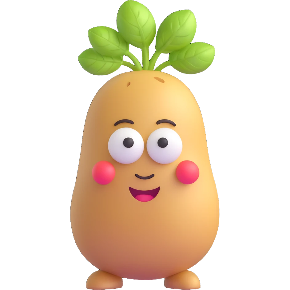 3D emoji style potato, with a sprout on top, friendly expression emoji