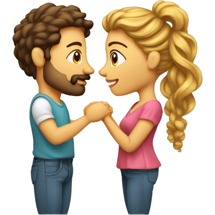beso pareja mujer morena pelo rizado y hombre sin bigotes pelo lacio y rubio emoji