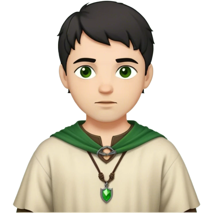 medieval outfit worn by a DnD themed fantasy character. basic short-sleeved wool tunic with a long-sleeved undershirt and a simple leather cord necklace. clothes only above the waist. The clothes full waist. The character's haven't arms. character is messy black hair green eyes short hair light-skinned man. emoji