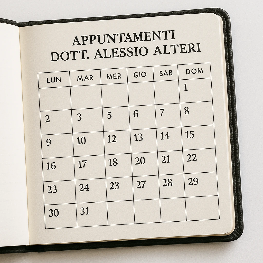 realistic calendar on an agenda with the text 'Appuntamenti Dott. Alessio Alteri', white background, detailed emoji