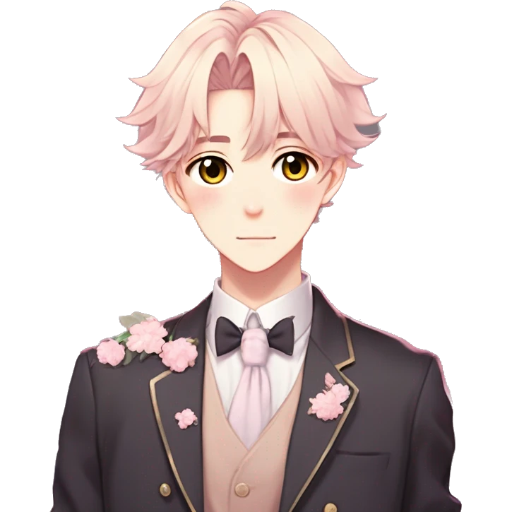 Gorgeous romantic hot attractive anime style modern gentlemanly anime shojo guy with pretty hair and flower petals and blushing face aesthetic trending style  pastelcore cottagecore kawaiicore emoji