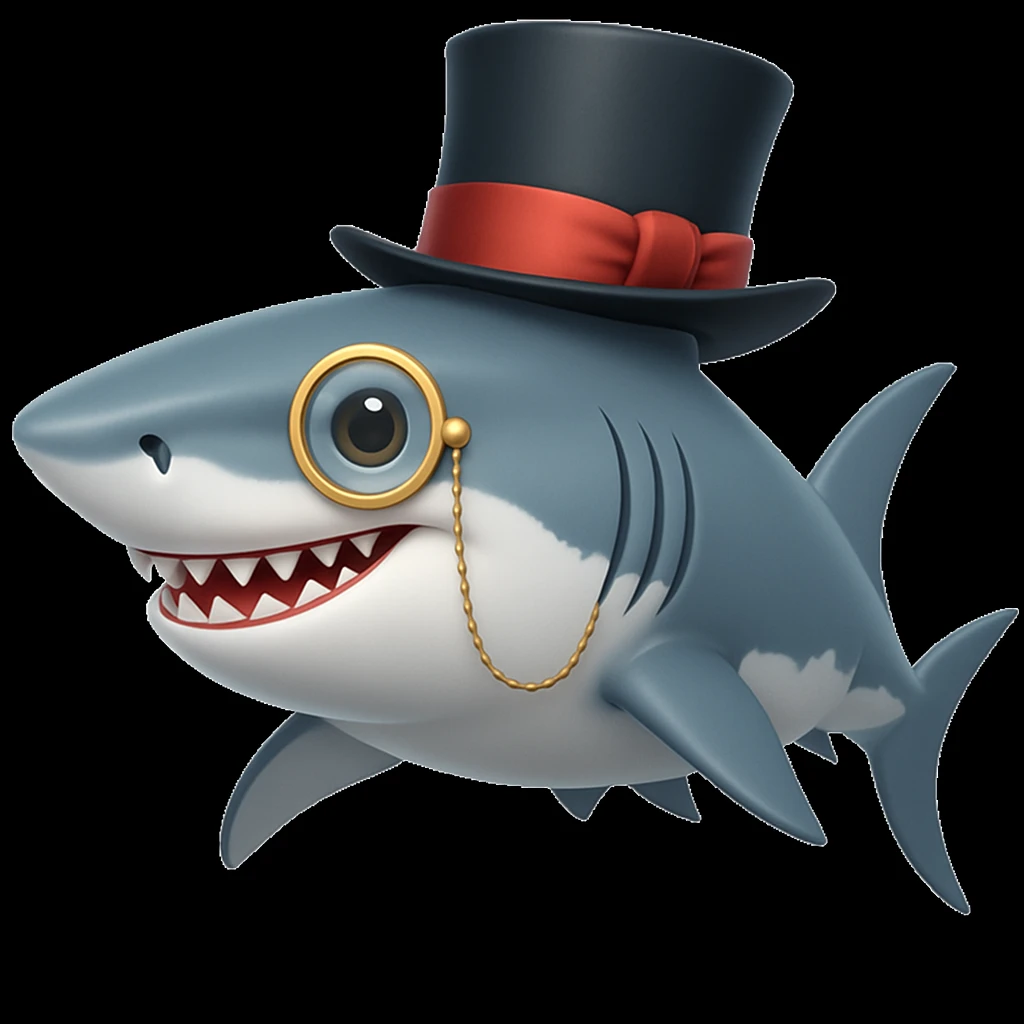 Add a monocle to the shark with a top hat, keeping the emoji style look. emoji