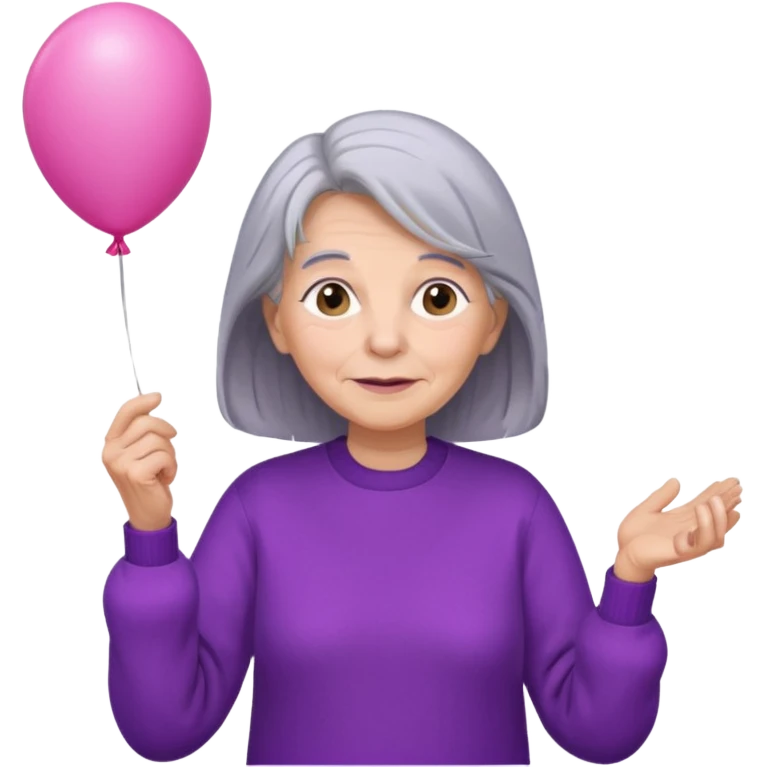 old lady, long grey hair, purple sweater, hold pink balloon emoji