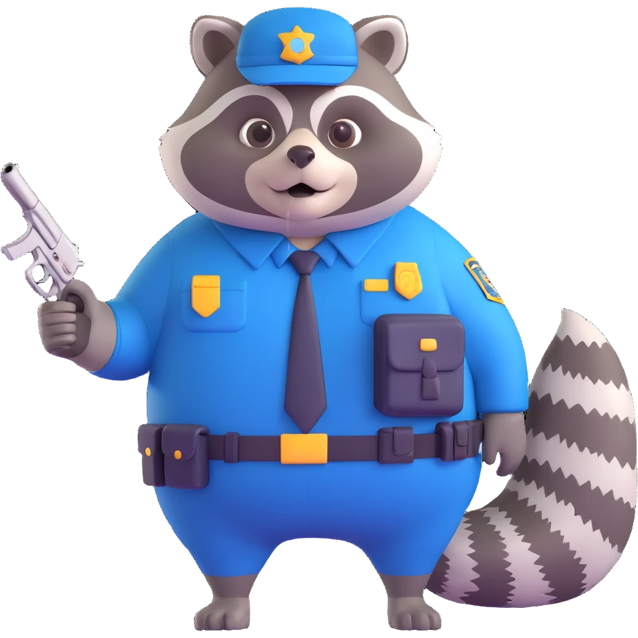 Add a cute pet raccoon next to the big, overweight federal agent in 3D cartoon style with transparent background. emoji