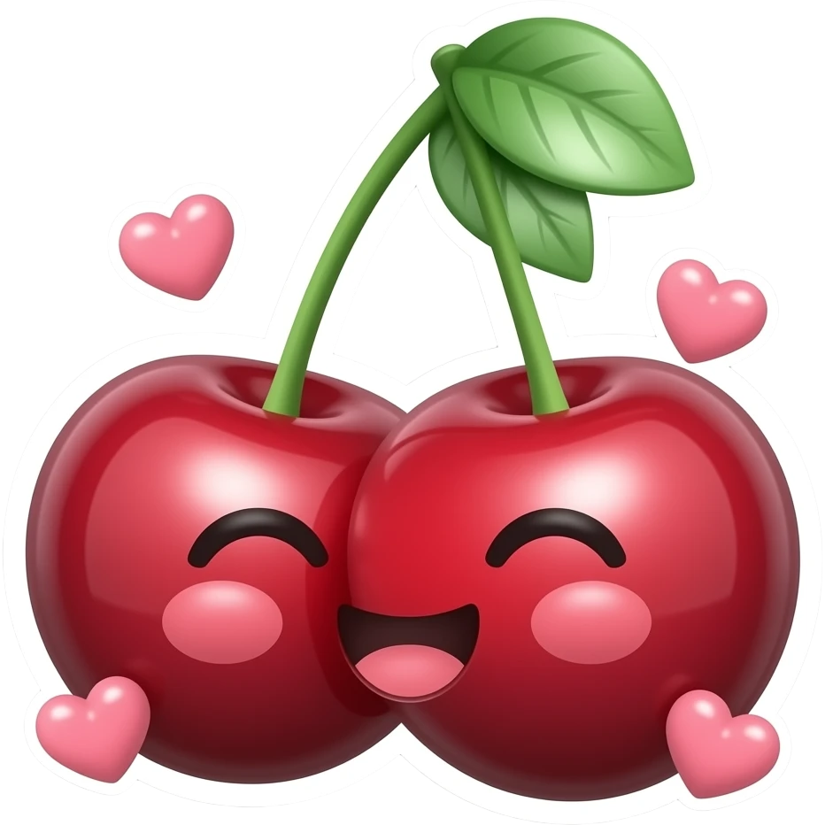 A glossy 3D cherry emoji sticker with a flirty face, blushing cheeks, glossy shine, tiny hearts and sparkles, playful romantic spicy vibe, clean transparent background, soft shadow, high quality, no text, no watermark emoji