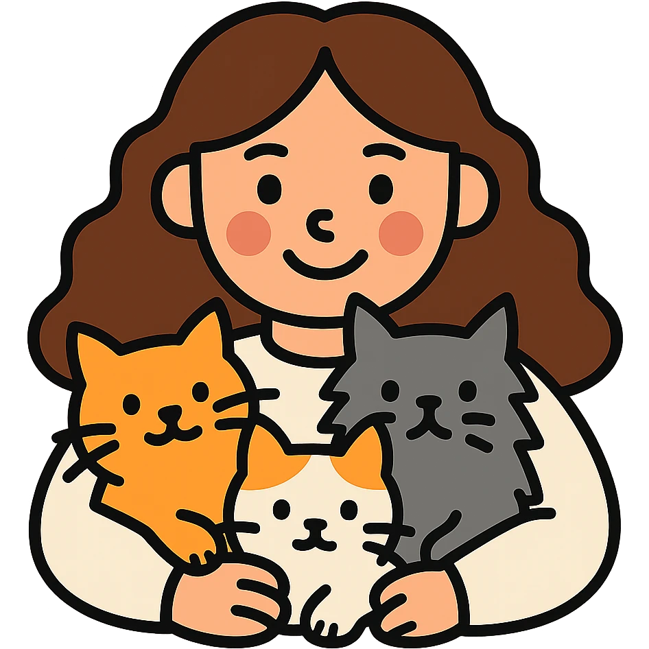 Change the girl's hair color to brown and have her hug three cats, each a different color, keeping the lineal color icon with black outlines style. Remove the background. emoji