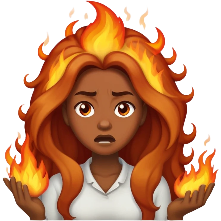 African American woman with long hair, frustrated face expression, with her hair on fire emoji