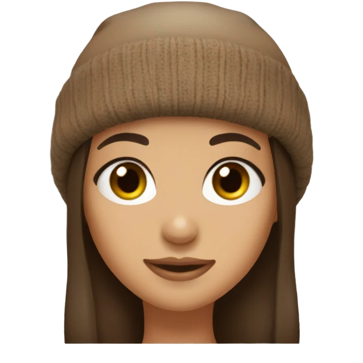 Brunette girl with bangs, big eyelashes, hazel eyes, wearing a brown beanie emoji