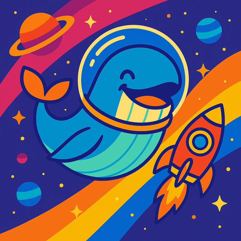 Add a playful, colorful rocket ship flying near the whale with a space helmet, maintaining the vibrant style. emoji