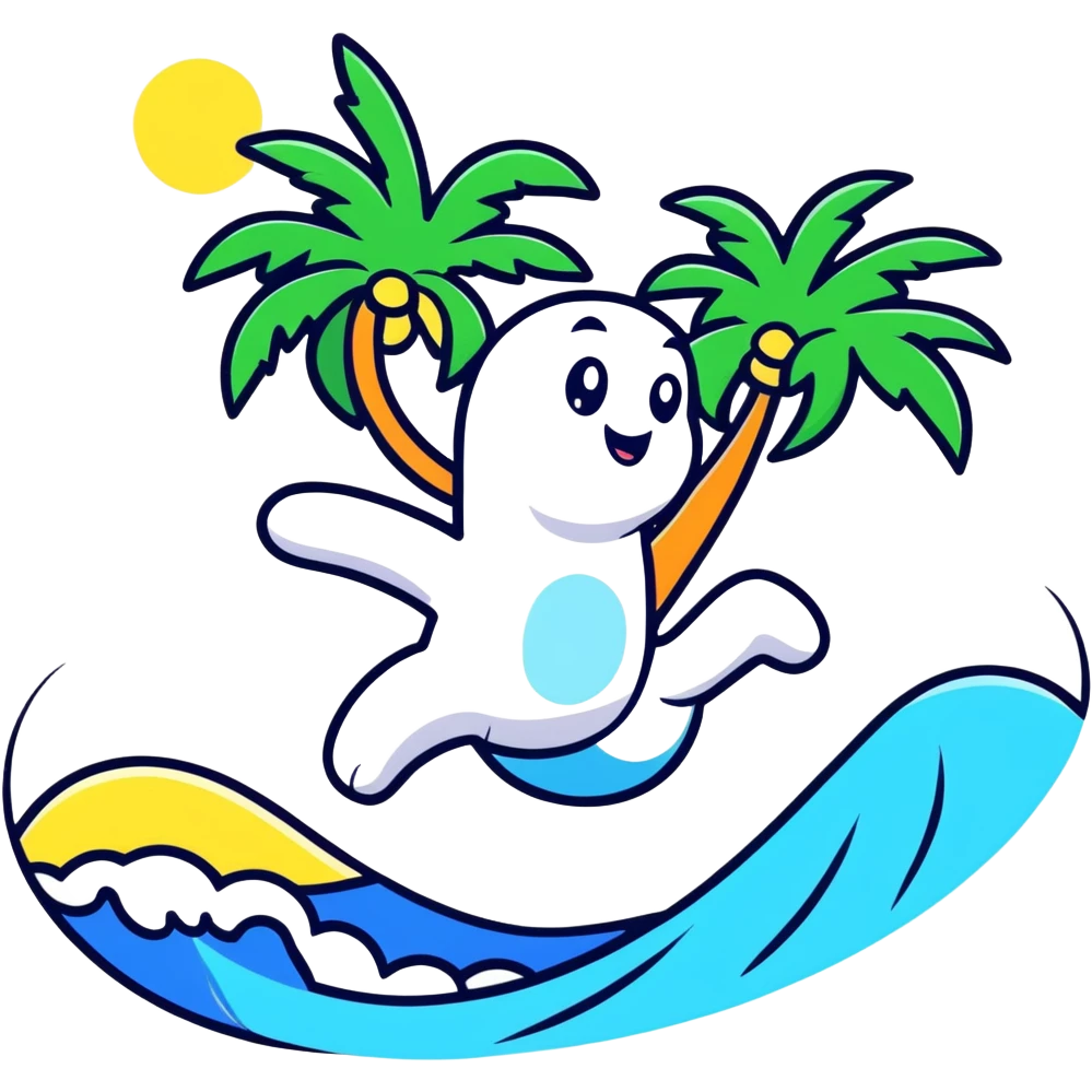 Fun cartoon character jumping happily on beach with waves and palm tree, bright colors emoji