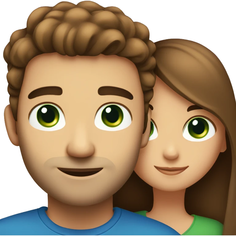 Man with brown hair and blue eyes  hugs woman with brown hair and green eyes emoji