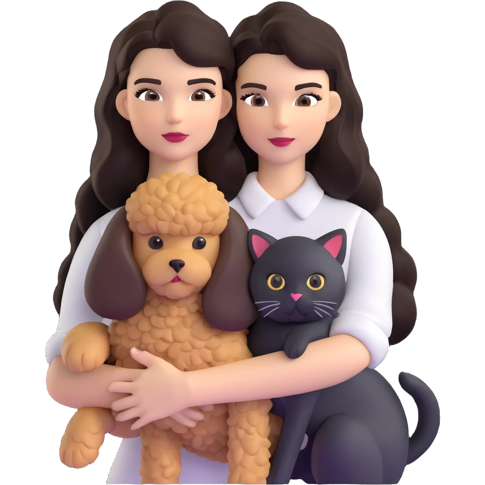 Kendall Jenner with long dark hair, holding a brown poodle and a black and white cat emoji